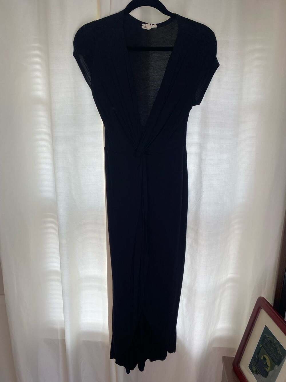 Deep V Jersey Black Midi Dress - Size M